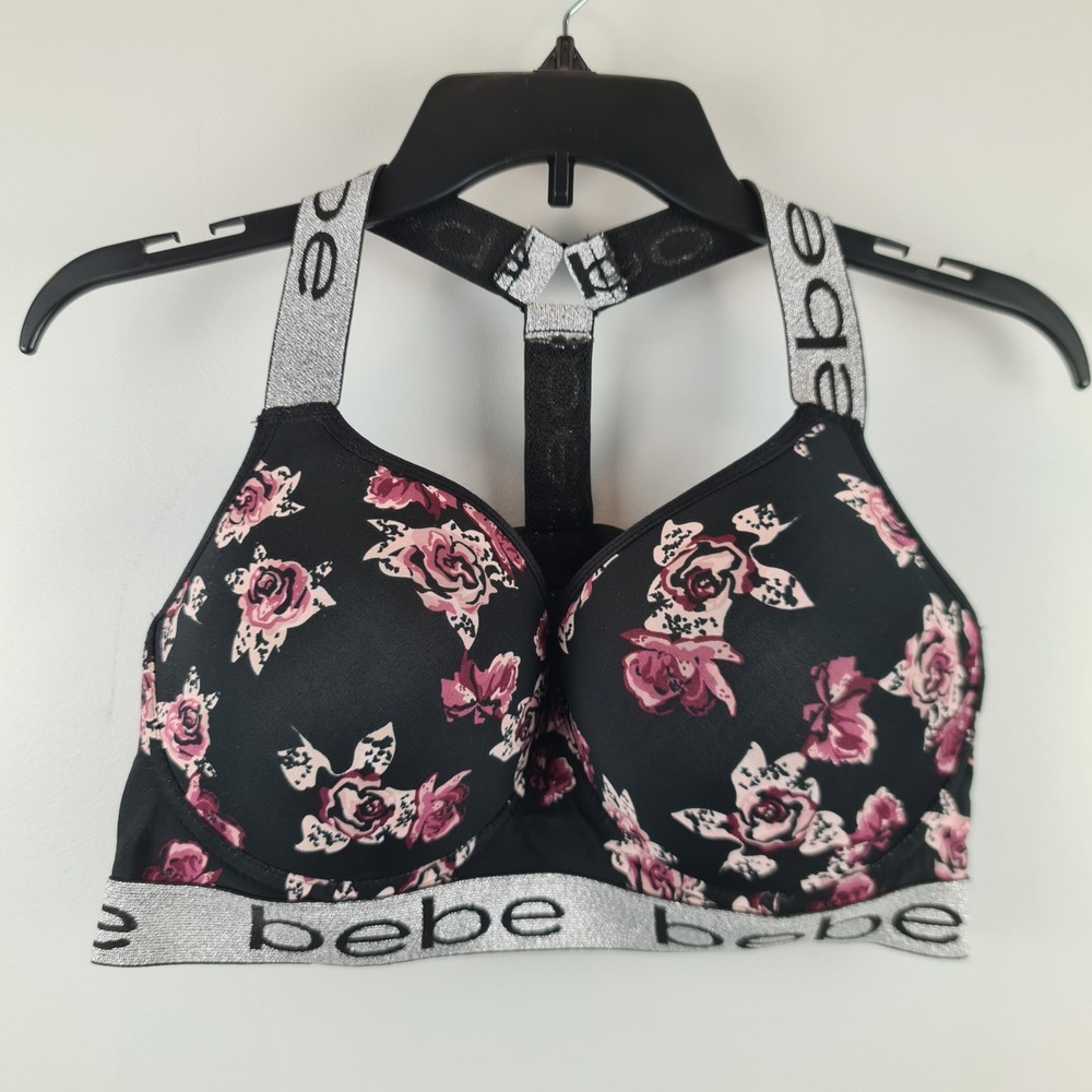 Bebe Sport Womens 1X Sports Bra Black Floral Silver Glitter Logo Cage Racer Back